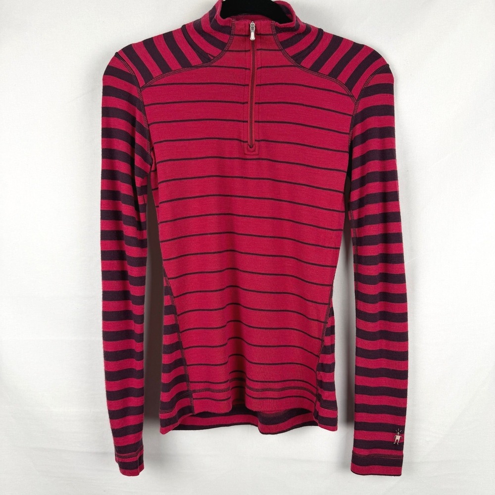 Smartwool Merino Wool 250 1/4 Zip Base Layer Small Red Striped Outdoor Gorpcore